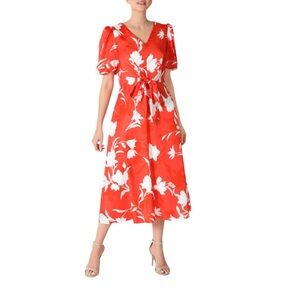 NWT Julia Jordan Women’s Size 16 Floral Midi Dress Tie Front Balloon Sleeve